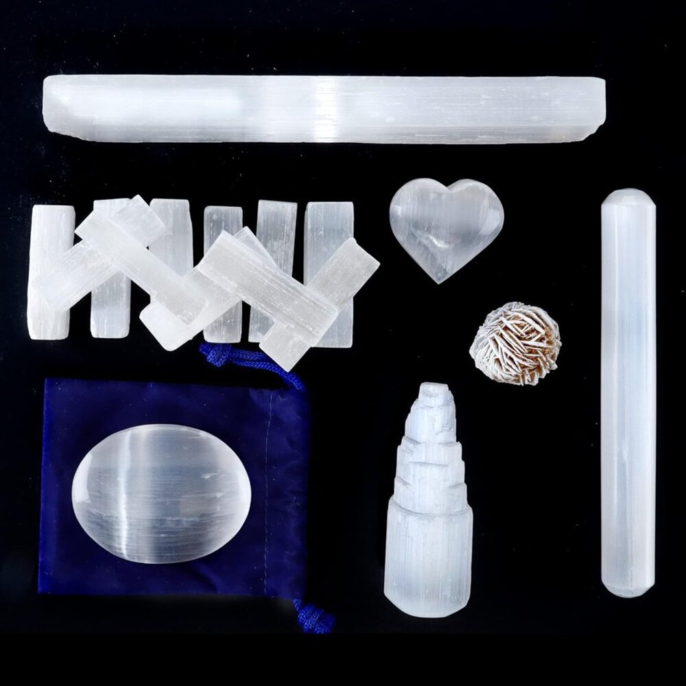 Selenite Protection Collection 22 pc Set: 12-15 Sticks 1.5-2”, Palm Stone, Heart